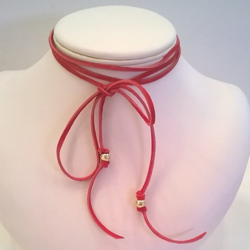 Red Suede Choker Lariat Necklace